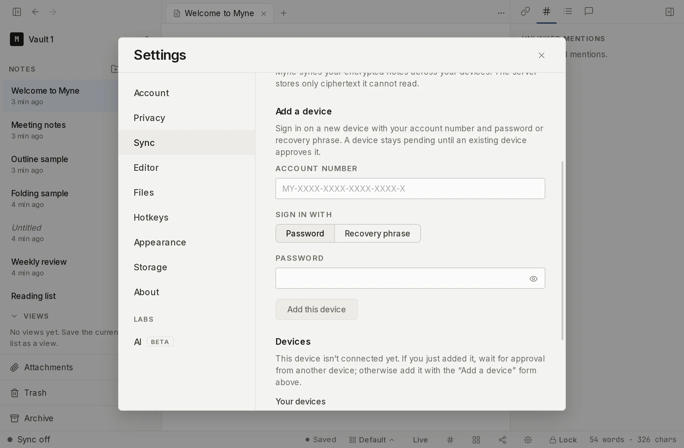 The Add a device form in Sync settings, where you sign a new device in to your account.