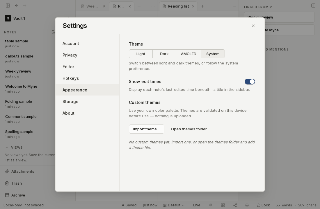 The Appearance settings panel with the theme options.