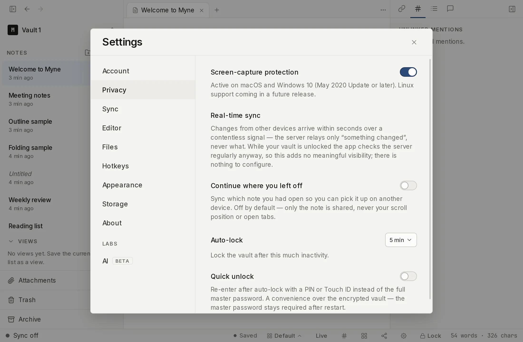 The Privacy settings panel showing the auto-lock duration and screen-capture protection toggle.