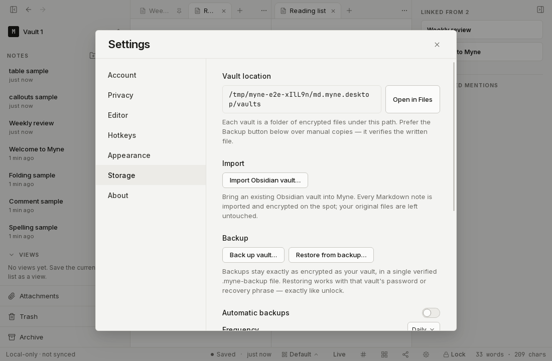 The Storage settings panel showing the back-up controls for the vault.