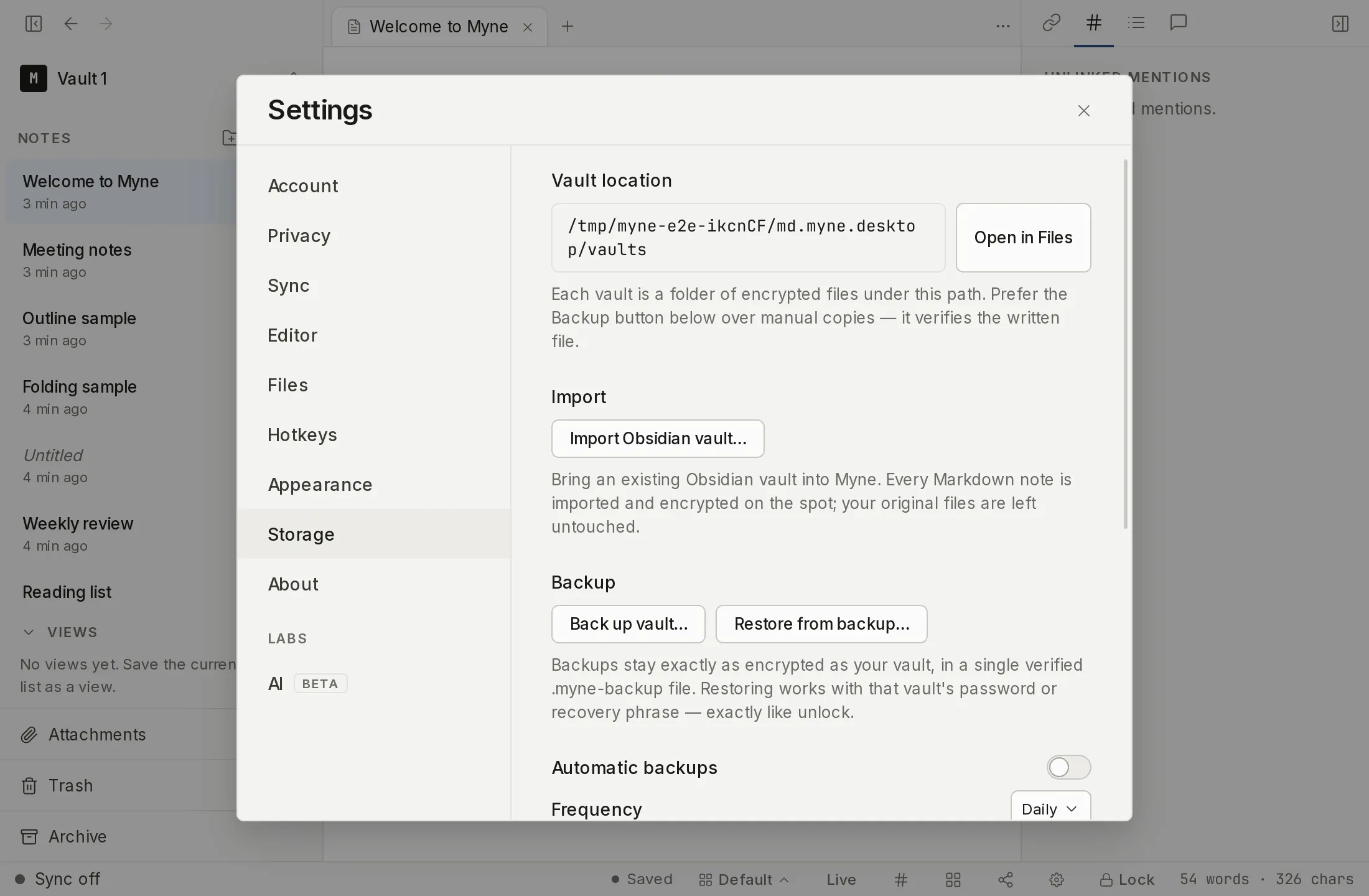 The Storage settings panel showing the back-up controls for the vault.
