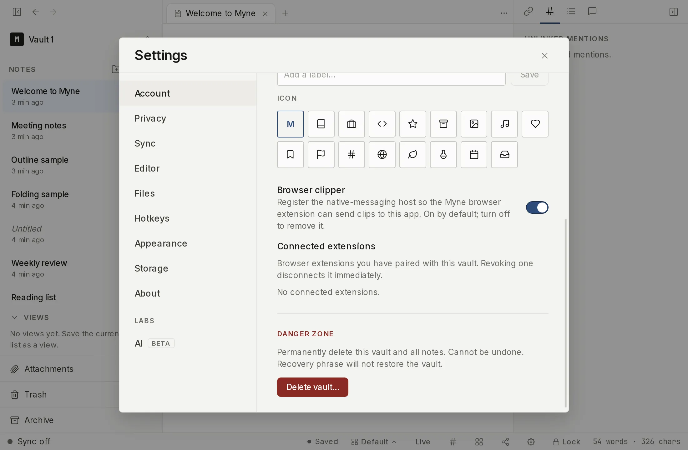 The Connected extensions section of the Account settings, where browsers paired with the clipper are listed and can be revoked.