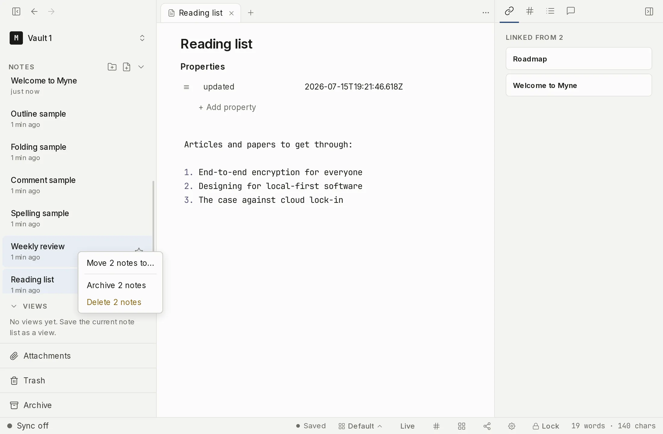 Several note rows selected together in the sidebar with the bulk-actions context menu open.