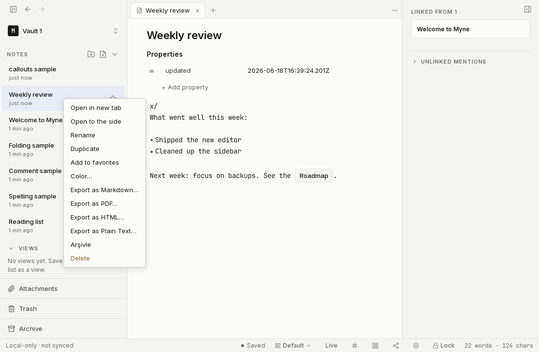 Several note rows selected together in the sidebar with the bulk-actions context menu open.