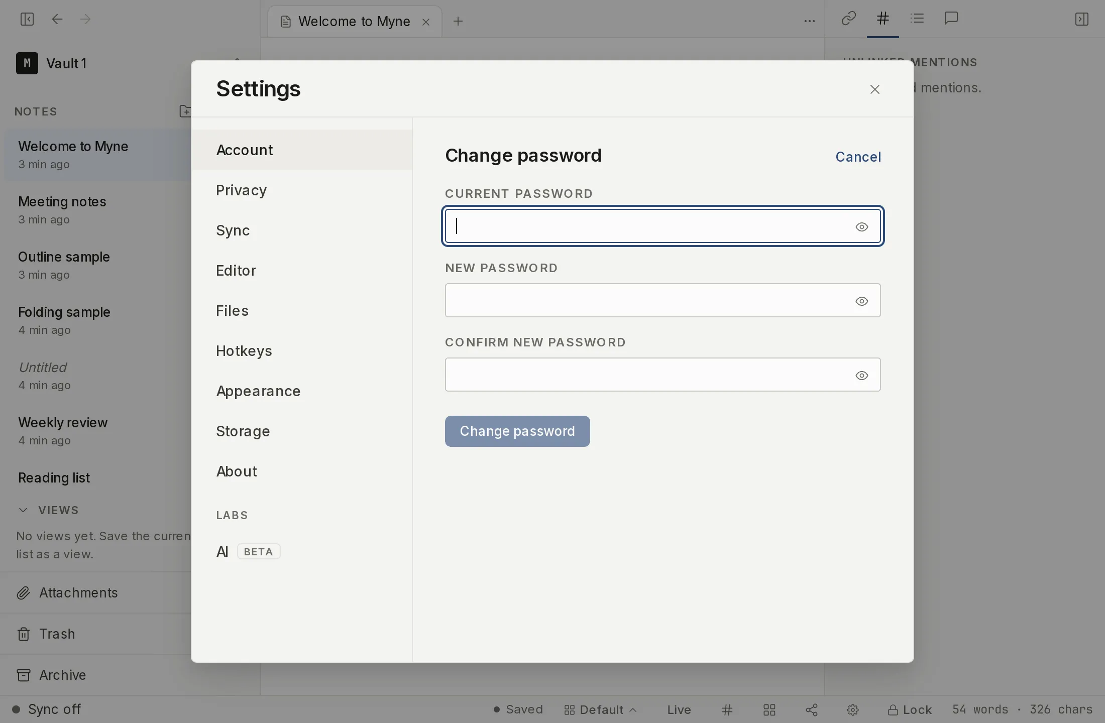 The Change password form in Account settings, with fields for the current password, the new password, and confirmation.