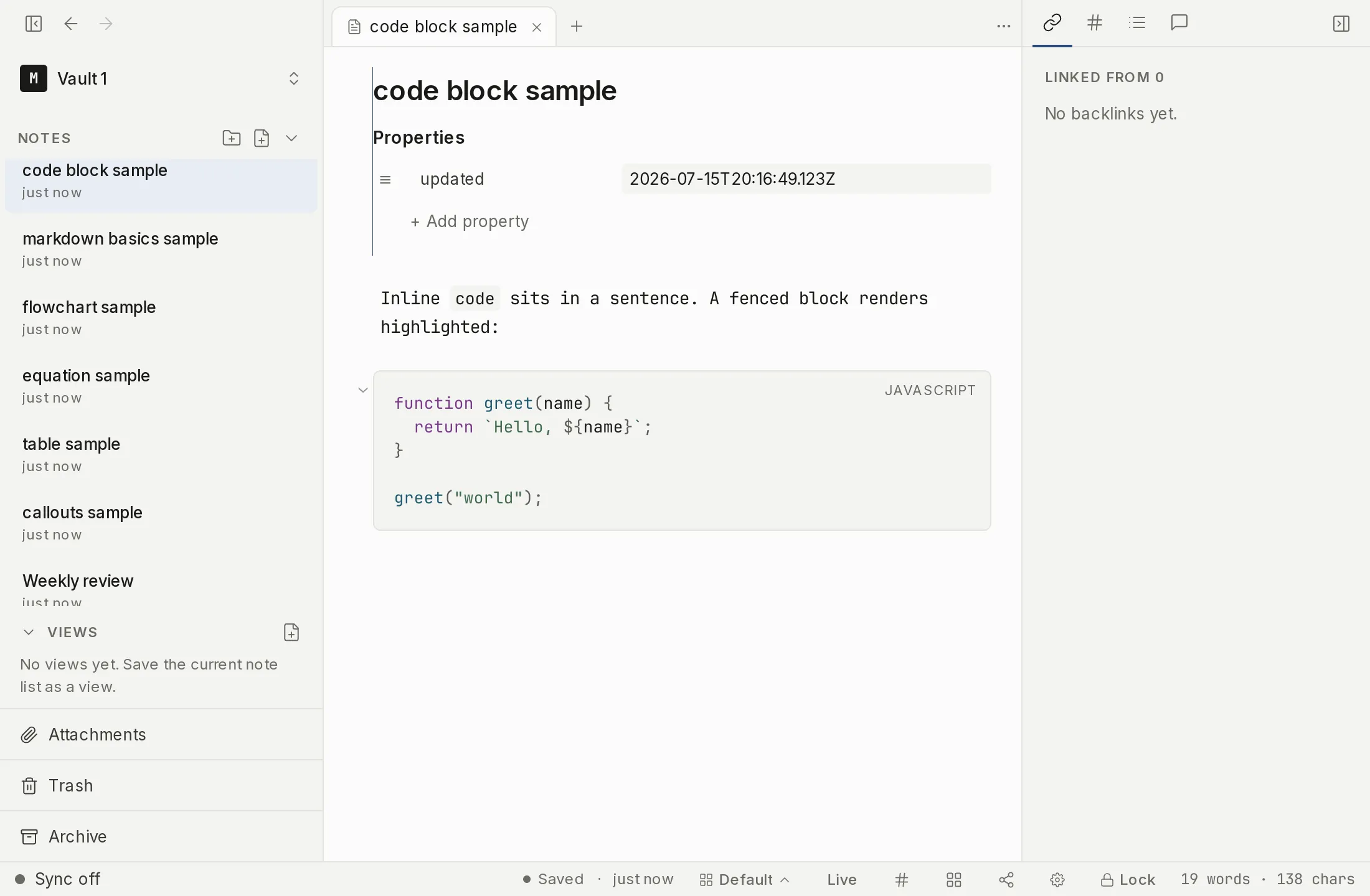 A note showing a fenced code block with syntax highlighting.