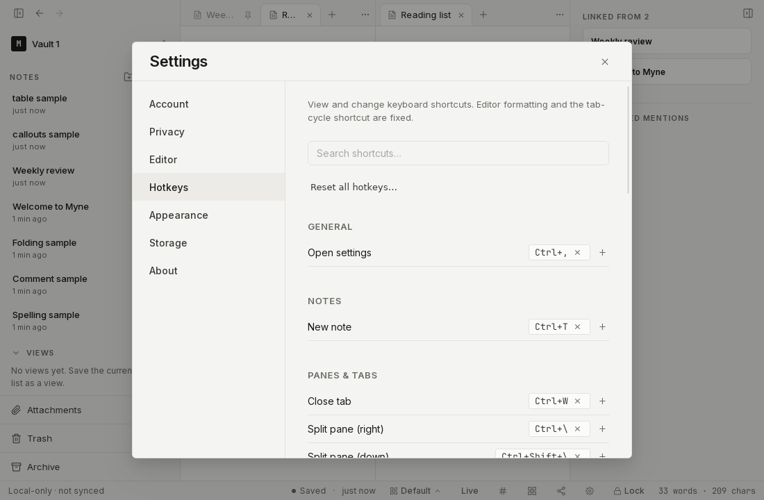 The Hotkeys settings panel listing commands and their keyboard shortcuts.