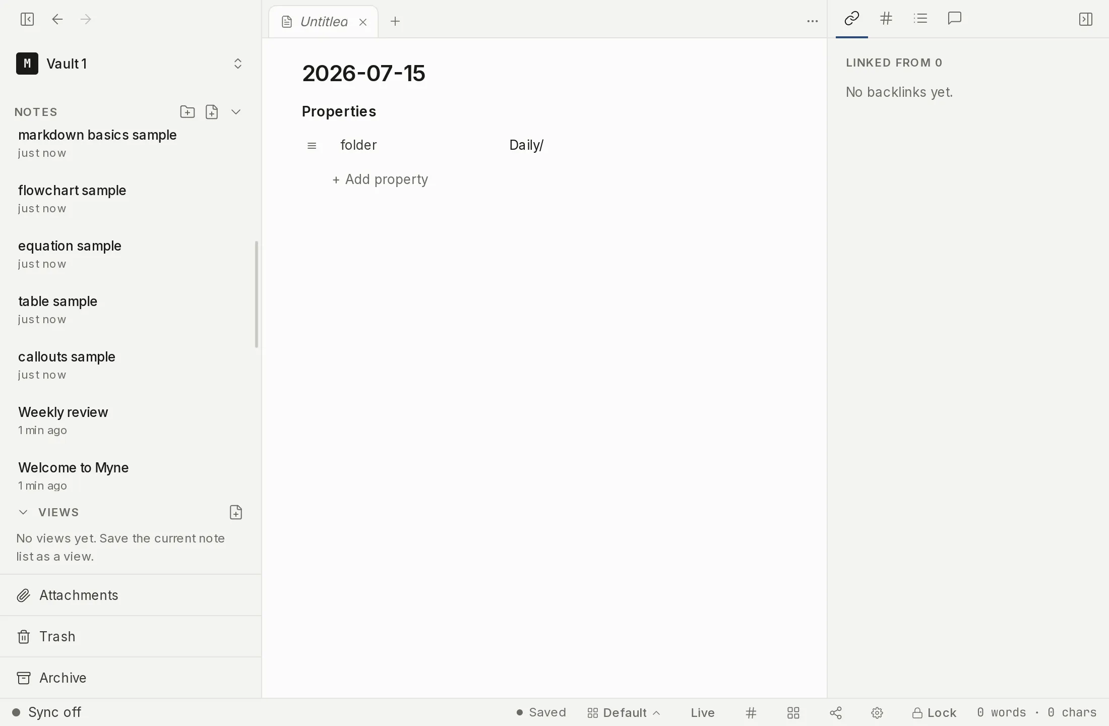 Today's dated note, opened from the command palette and filed in the Daily folder.