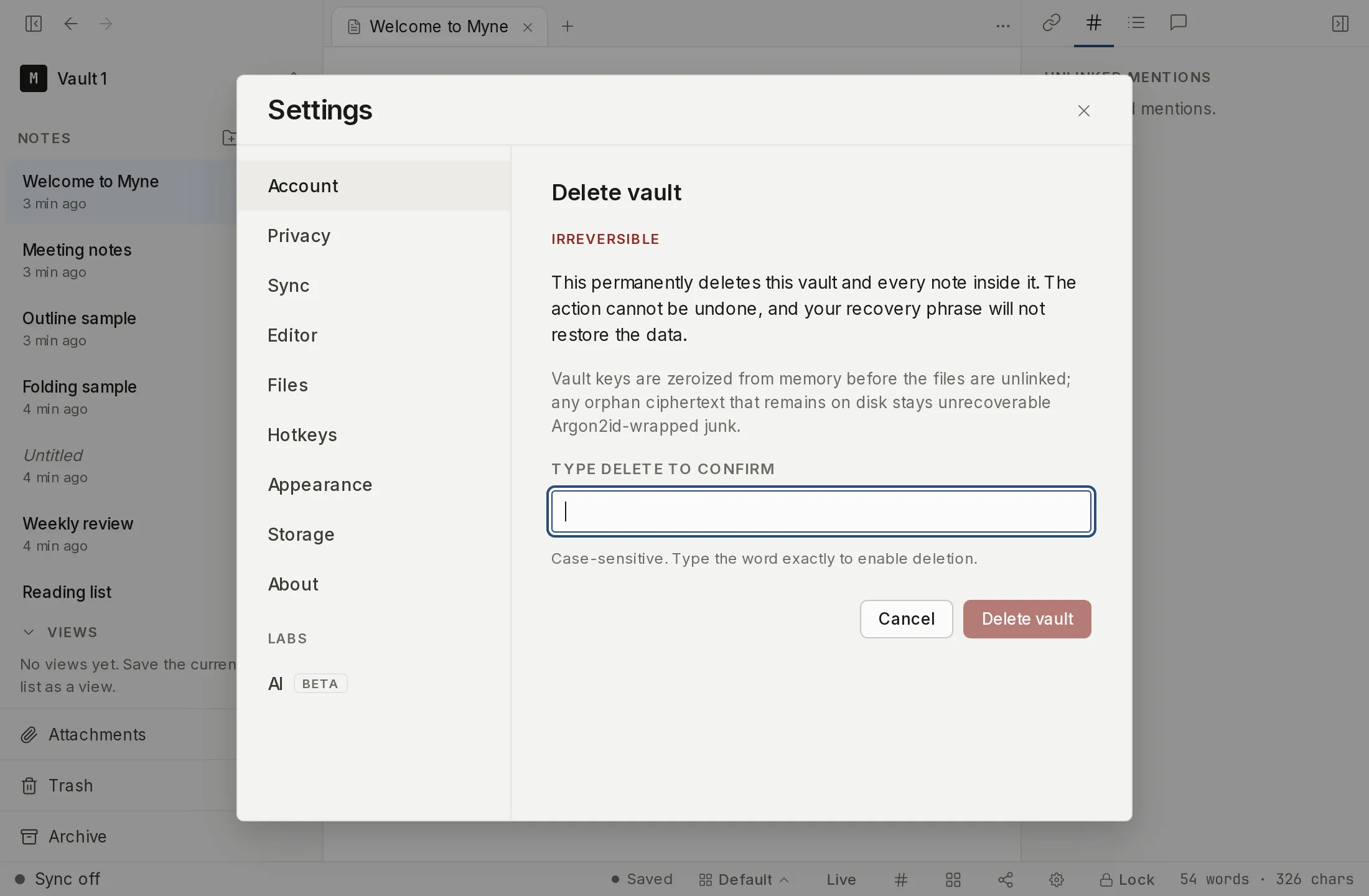 The delete-vault confirmation form in Account settings, which requires typing a confirmation phrase before the vault is erased.