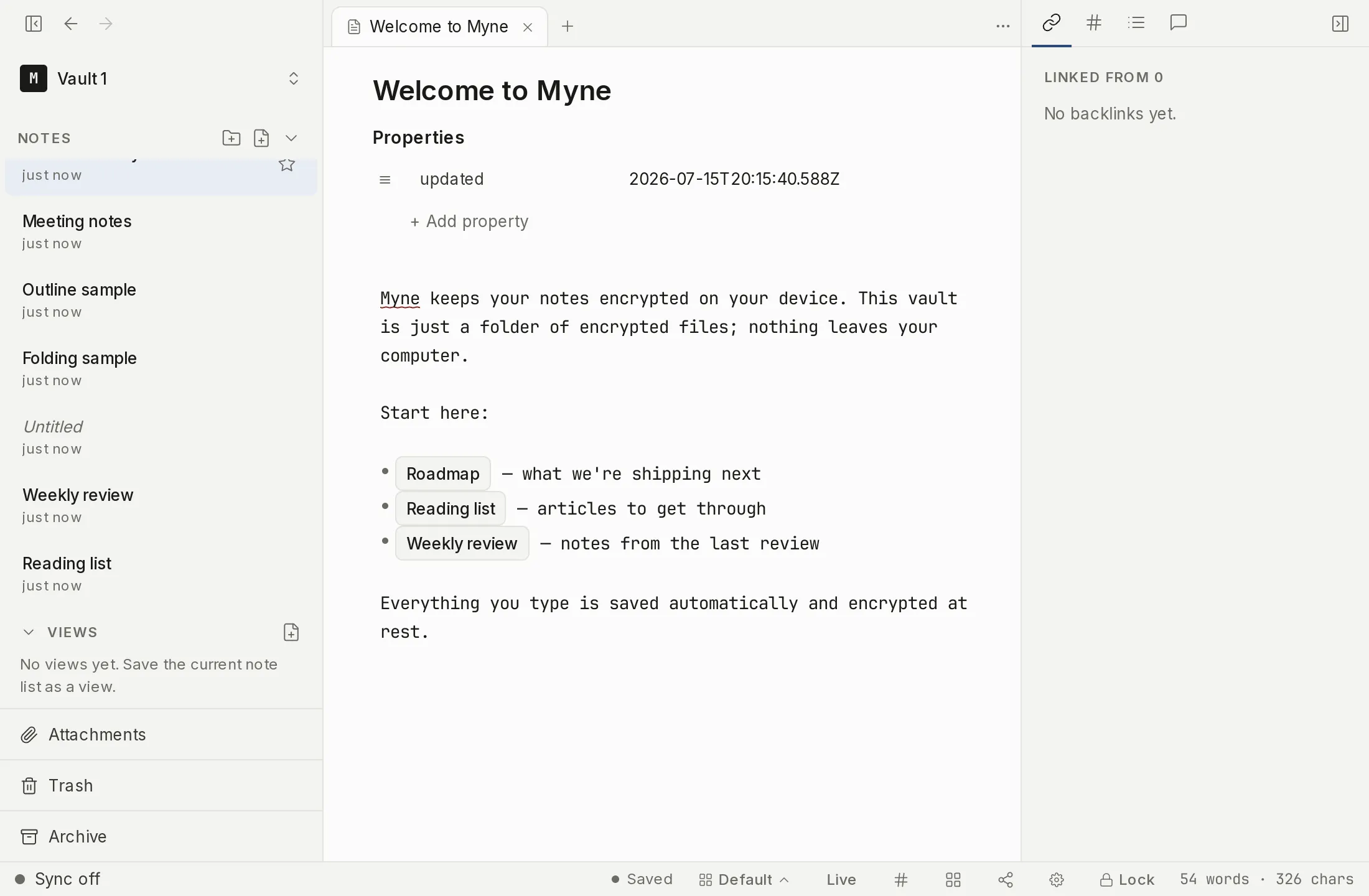 The bottom bar of the editor showing the current note's word and character counts.