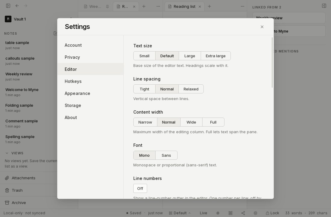 The Editor settings panel with the text-size and display options.