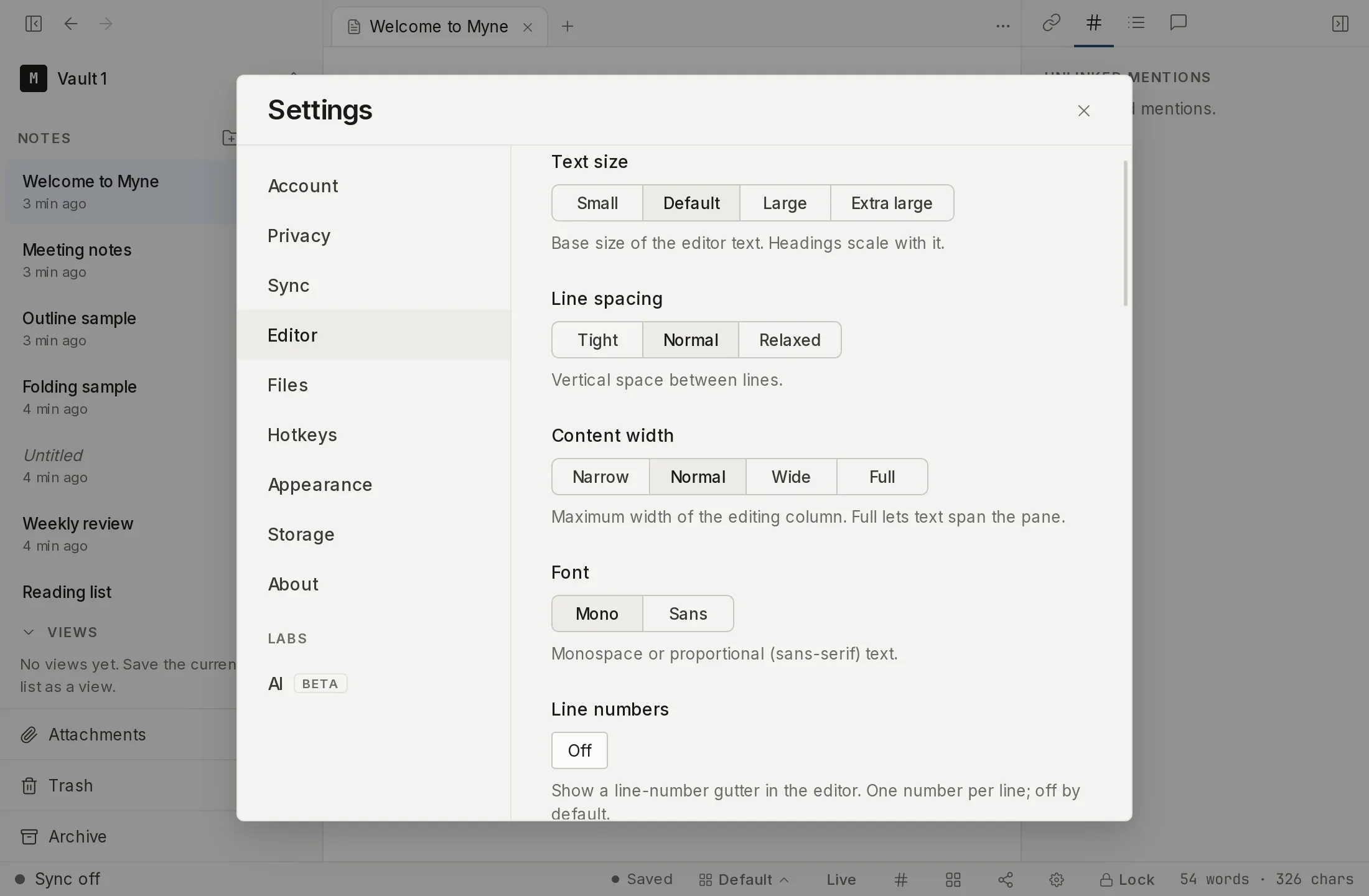 The Editor settings panel with the text-size and display options.