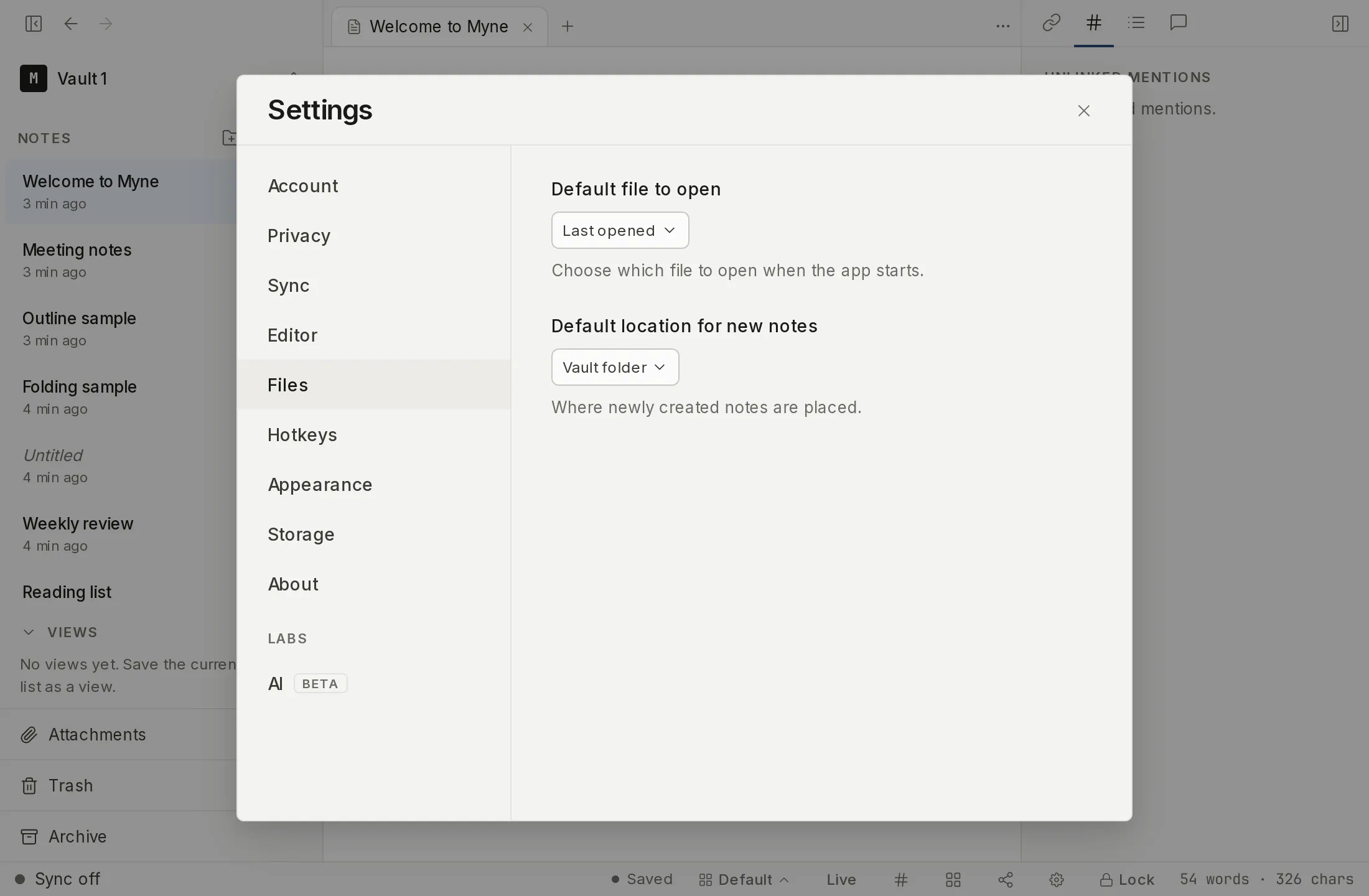 The Files settings panel, showing the startup file, new-note location, image-compression, and attachment text-recognition controls.