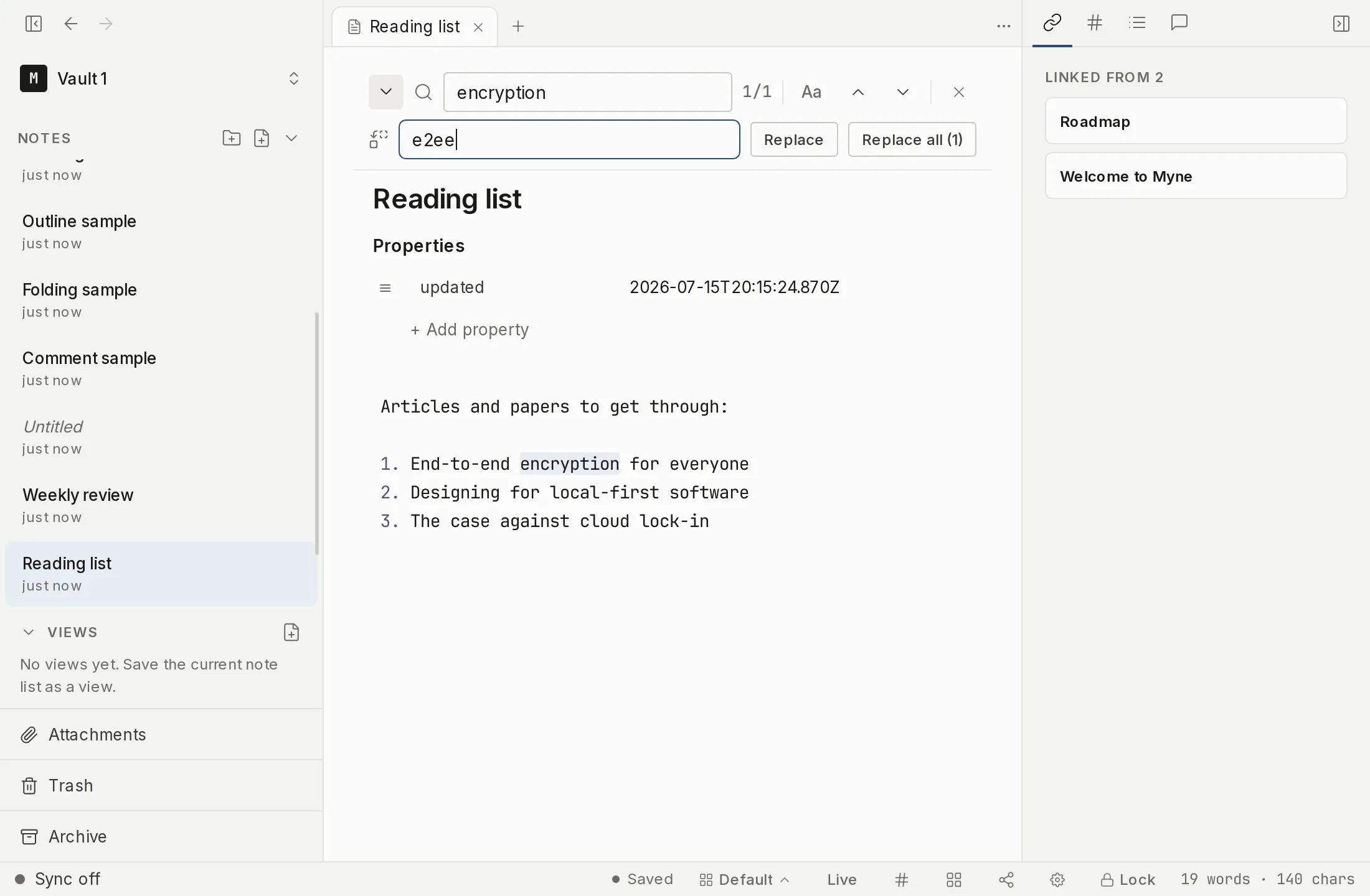 The find and replace bar open over a note, with a search term entered.