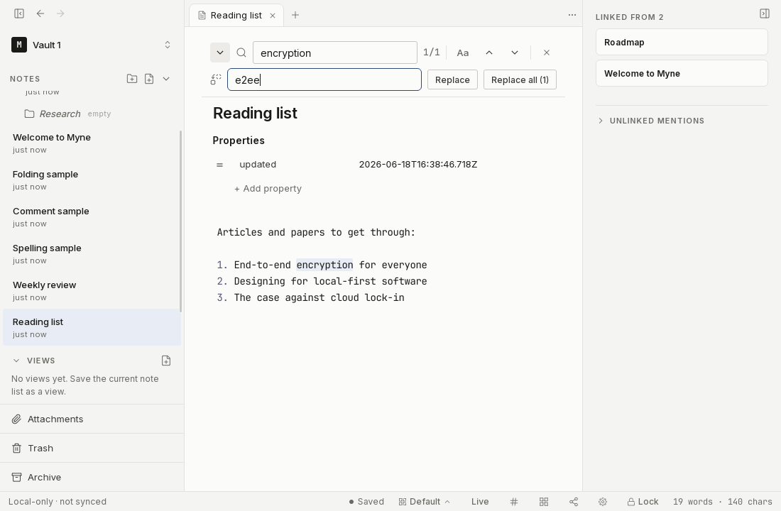 The find and replace bar open over a note, with a search term entered.
