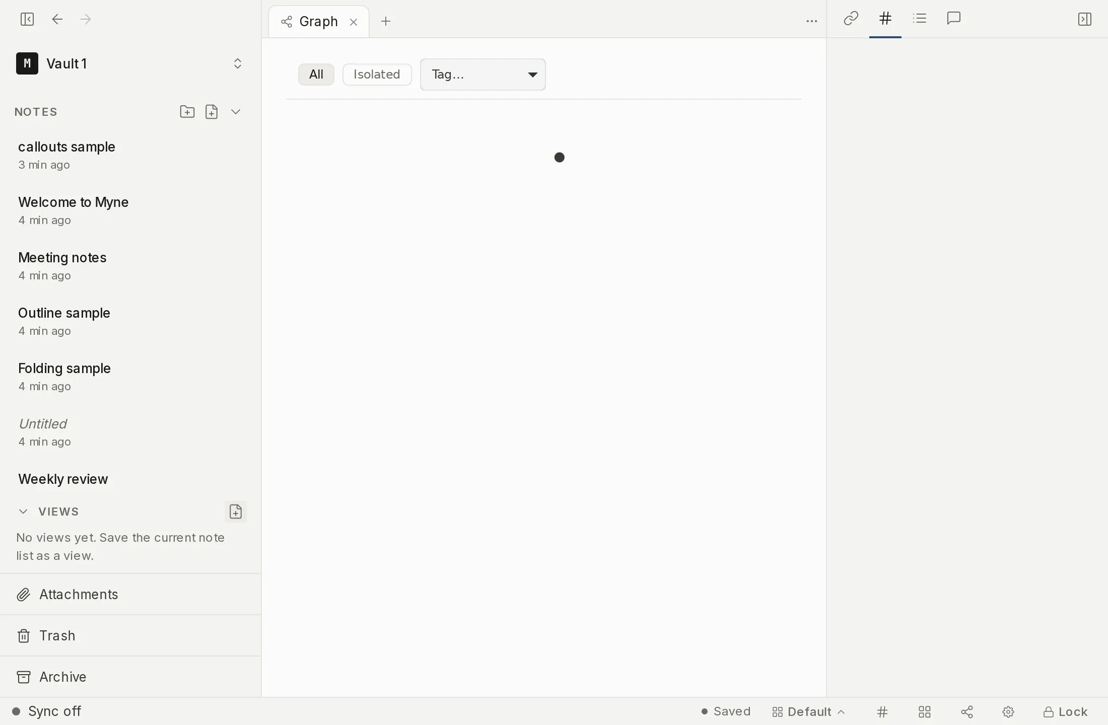 The graph view open as its own tab, with the Graph and List view buttons and the All, Isolated and Tag filter chips above the canvas.