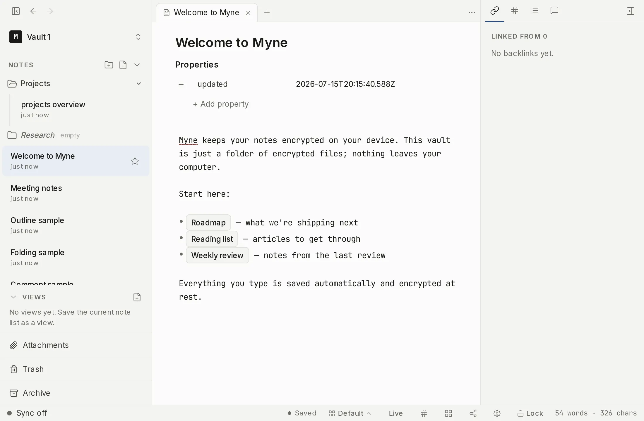 The Myne editor with the note sidebar on the left, a note open in the centre, and the bottom bar.
