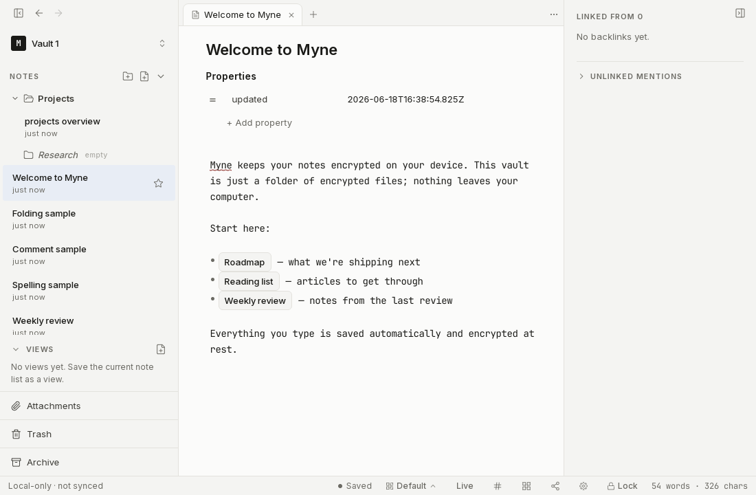 The Myne editor with the note sidebar on the left, a note open in the centre, and the bottom bar.
