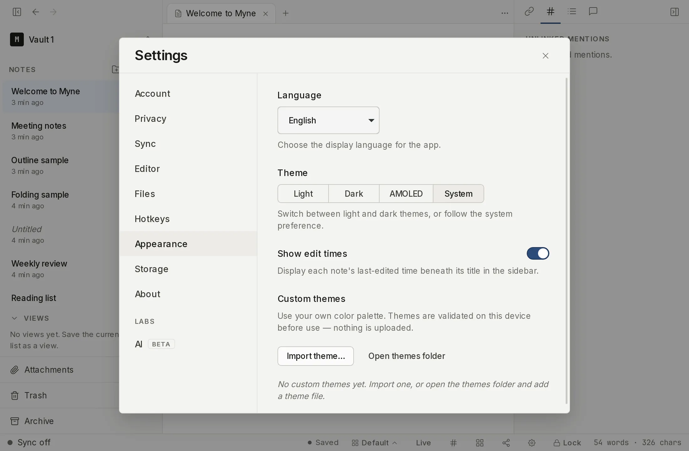 The interface-language selector at the top of the Appearance settings panel.