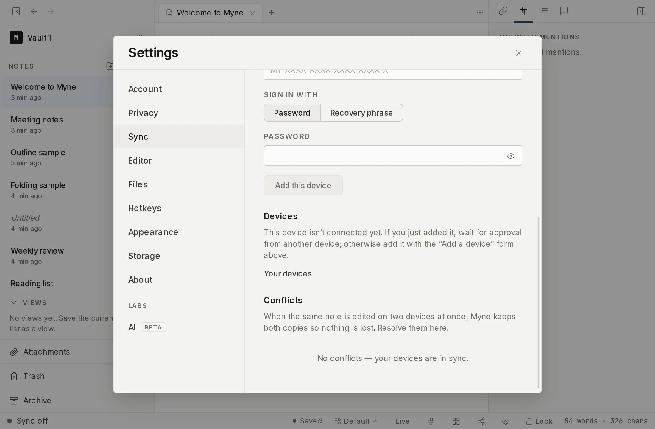 The Devices section of Sync settings, which lists the devices on your account.