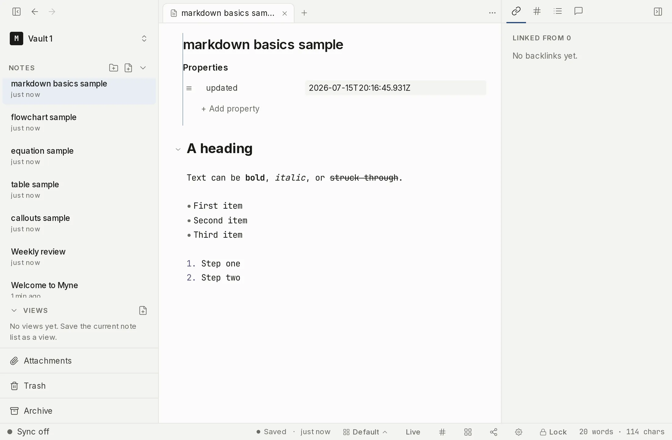 A note showing rendered Markdown basics: a heading, bold and italic text, and a bulleted list.