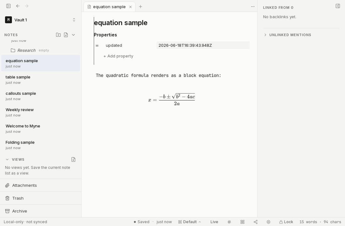 A note showing a rendered block equation set with KaTeX.