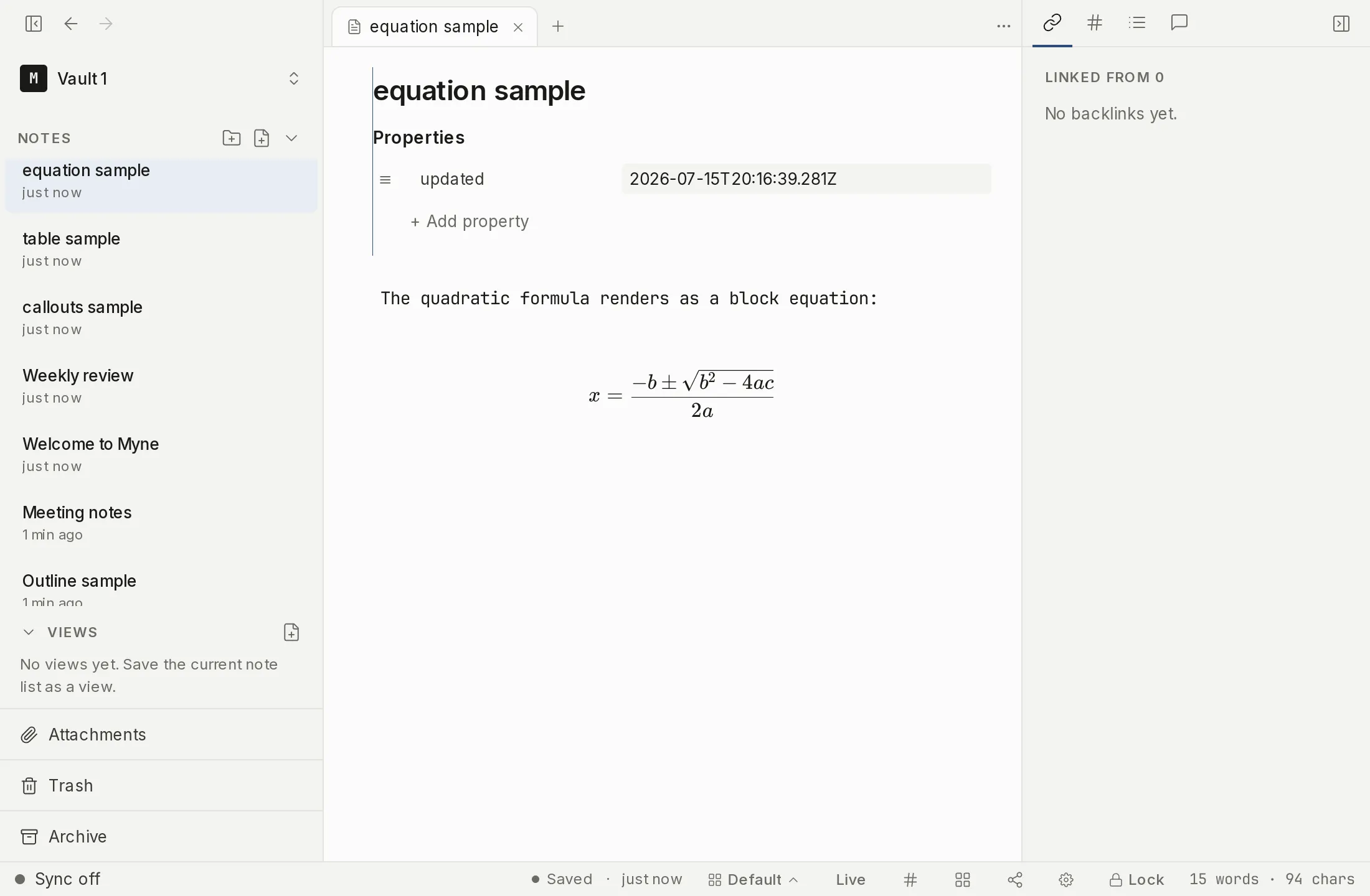 A note showing a rendered block equation set with KaTeX.