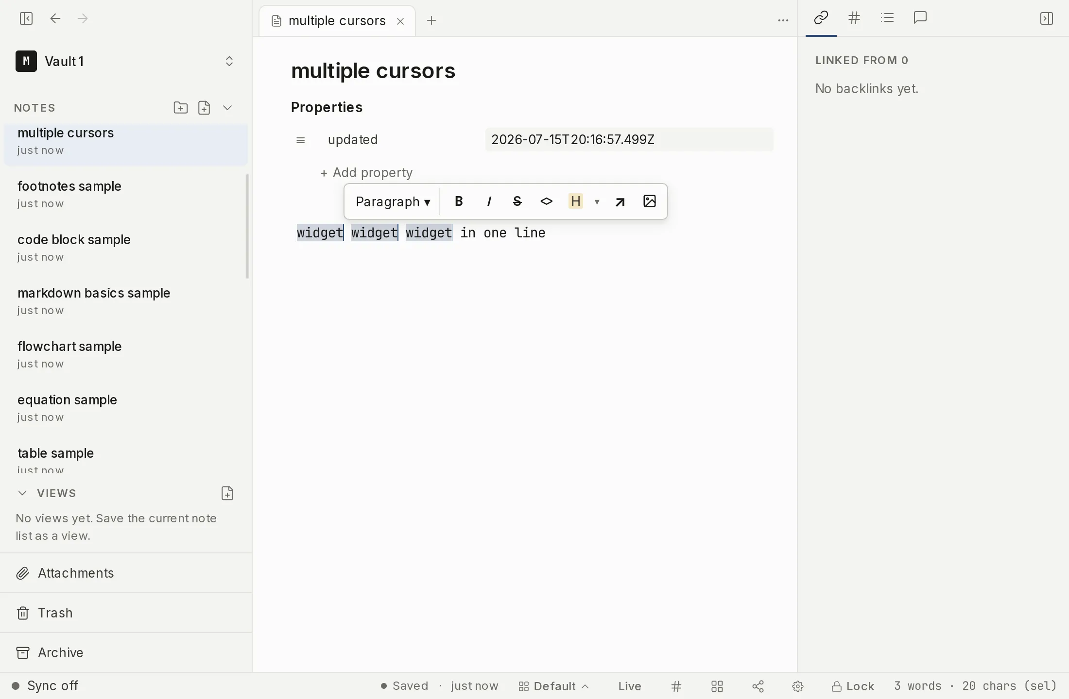 A note with the same word selected in three places at once for simultaneous editing.