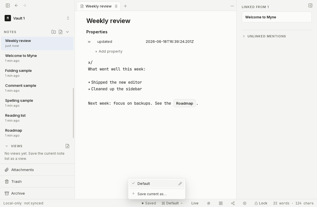 The named-workspaces switcher menu open, listing the saved workspace layouts.