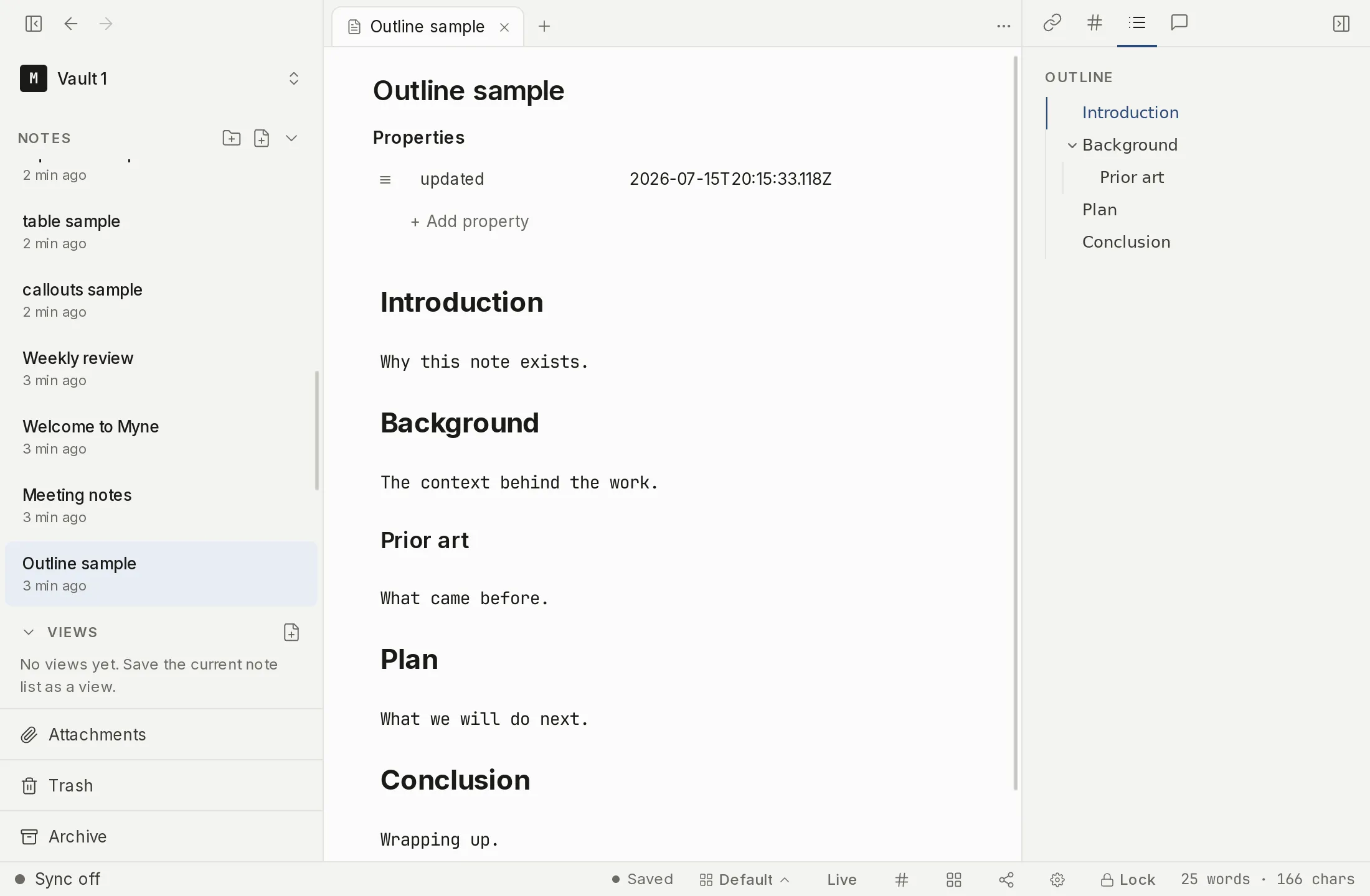 The Outline tab in the right panel, listing a note's headings so you can jump to any section.