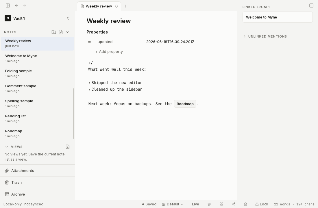 The editor tab strip with several note tabs open and one tab pinned.