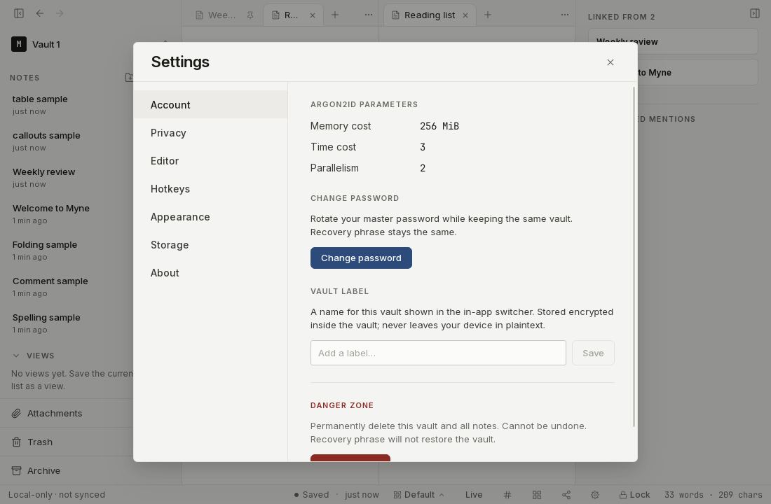 The Account settings panel showing the Argon2id key-derivation parameters.