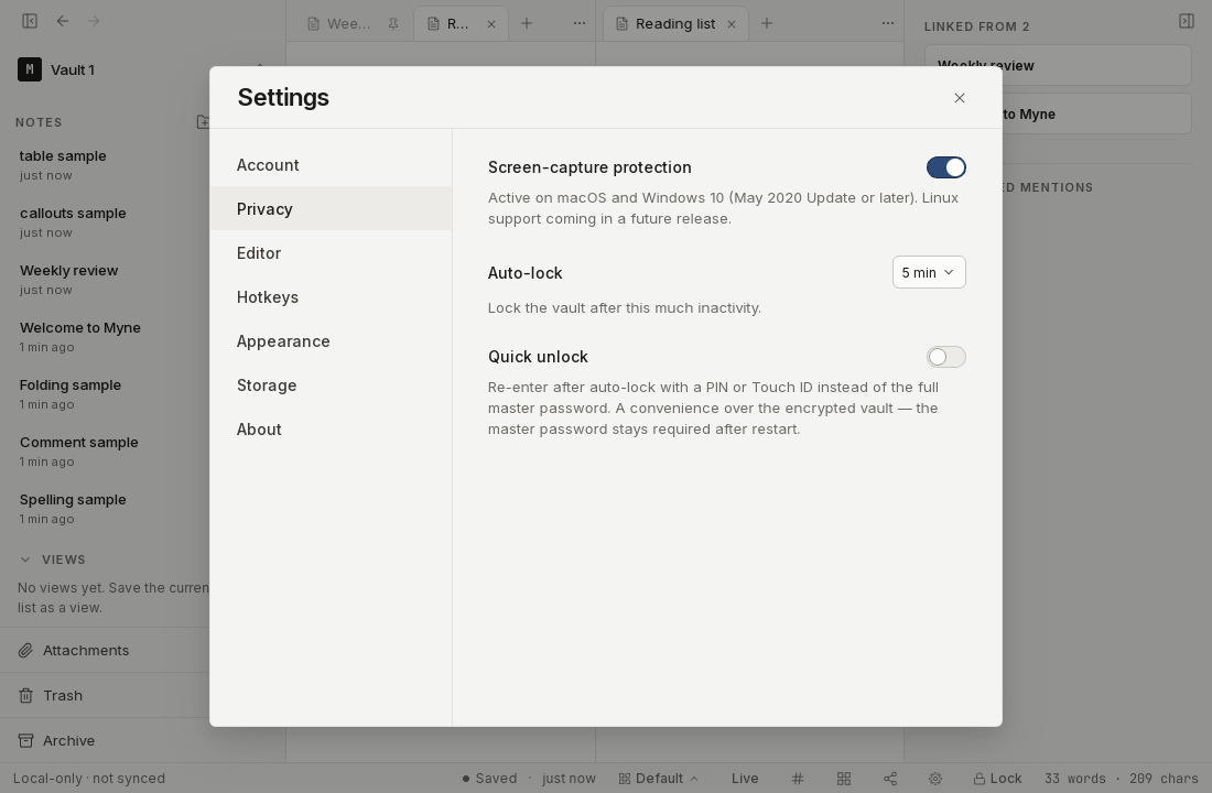 The Quick unlock section of the Privacy settings, where a device PIN can be set up.
