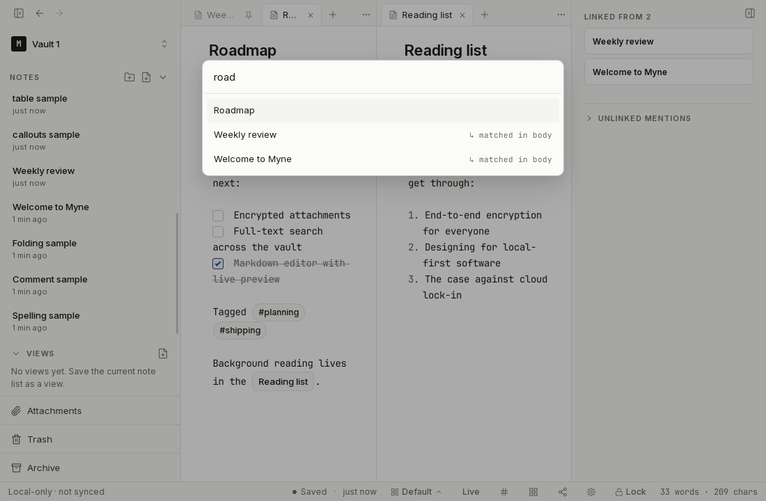 The command palette open with a search term entered and matching note results listed.