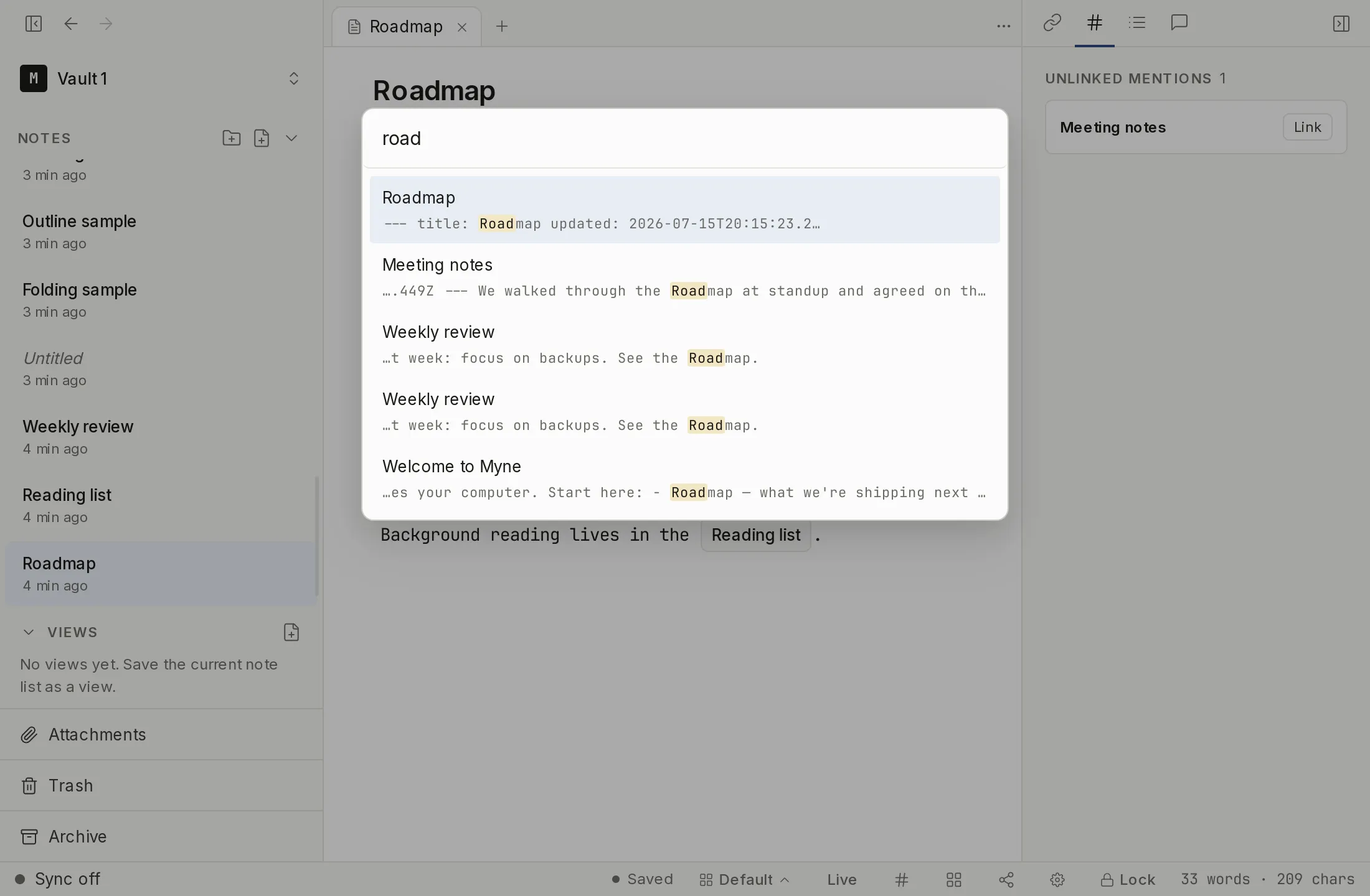 The command palette open with a search term entered and matching note results listed.