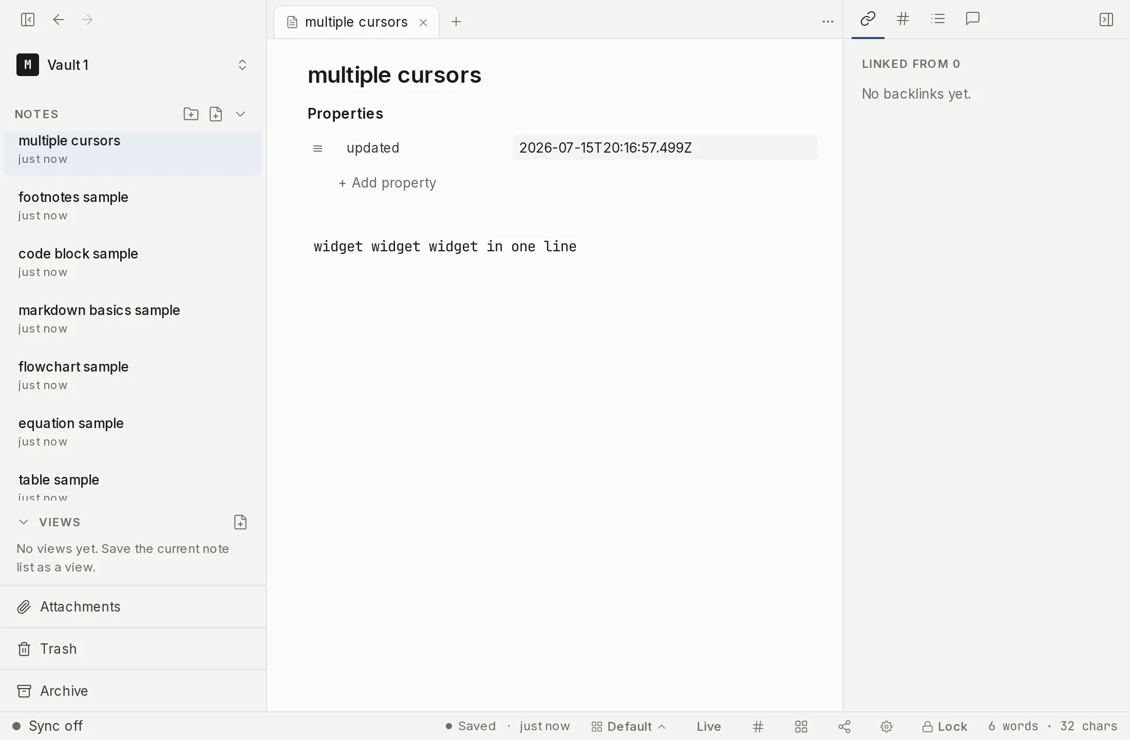 The note sidebar showing folders, loose notes, and the Trash footer.