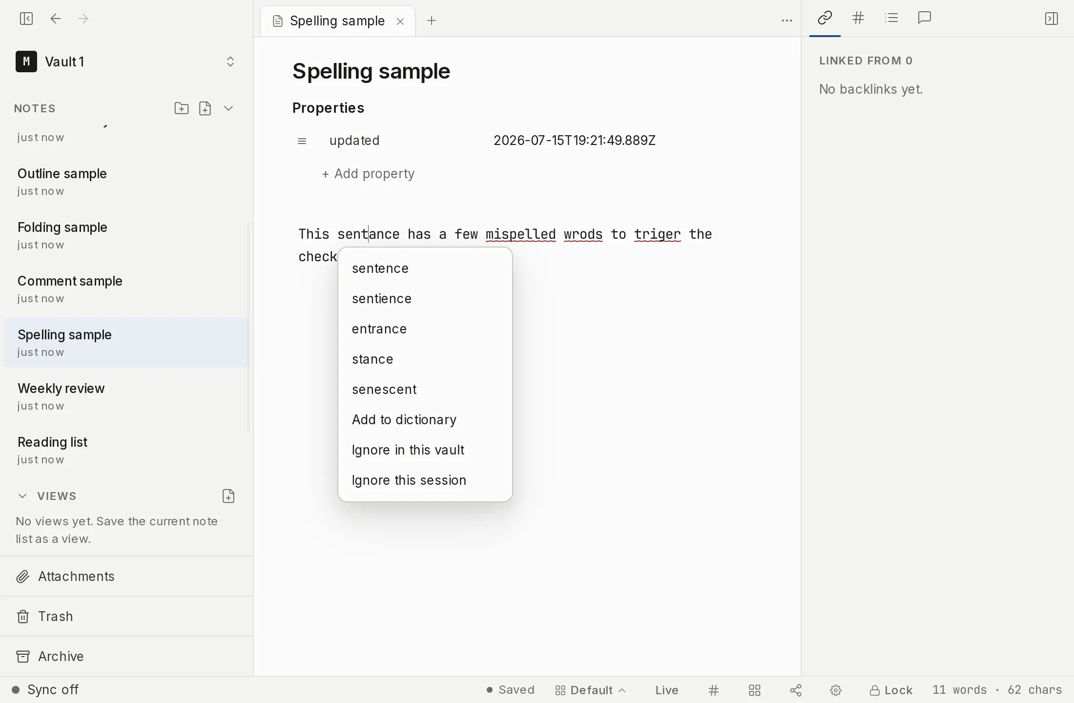 A note with a misspelled word underlined by the spell checker.