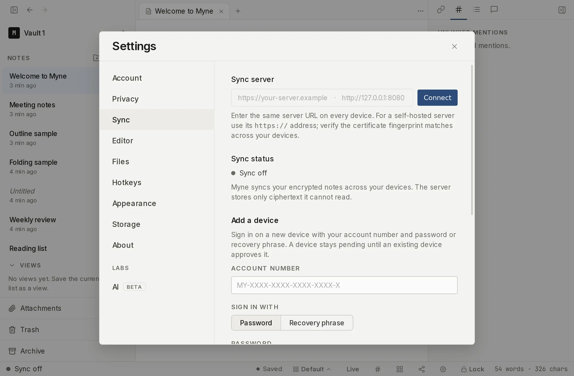 The Sync status row in Sync settings, showing this device is local-only with sync turned off.