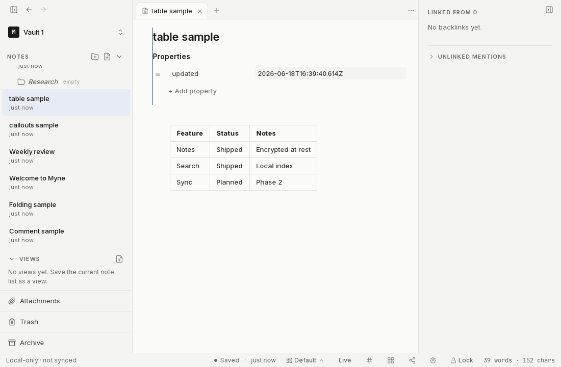 A note showing a rendered three-column Markdown table.