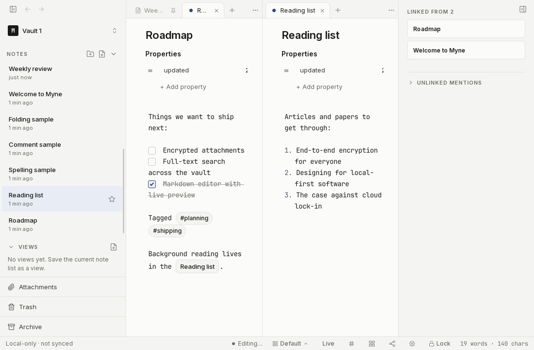 Two notes open side by side in a split editor, each in its own pane.