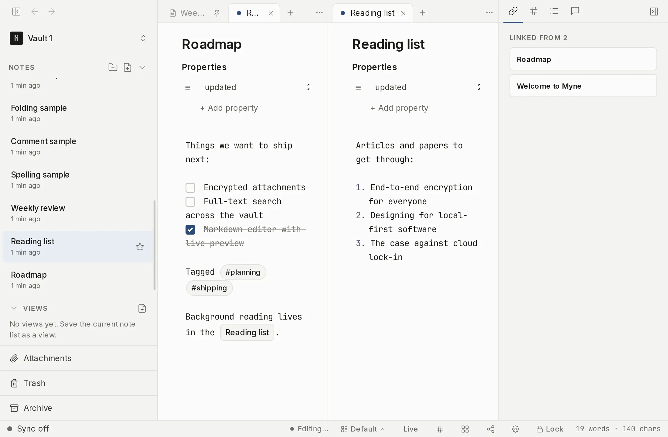 Two notes open side by side in a split editor, each in its own pane.