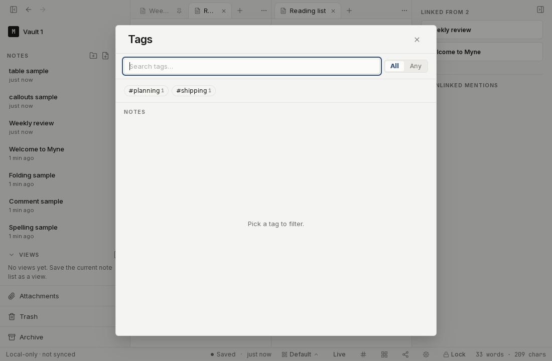 The tag browser open, listing the tags used across the vault.