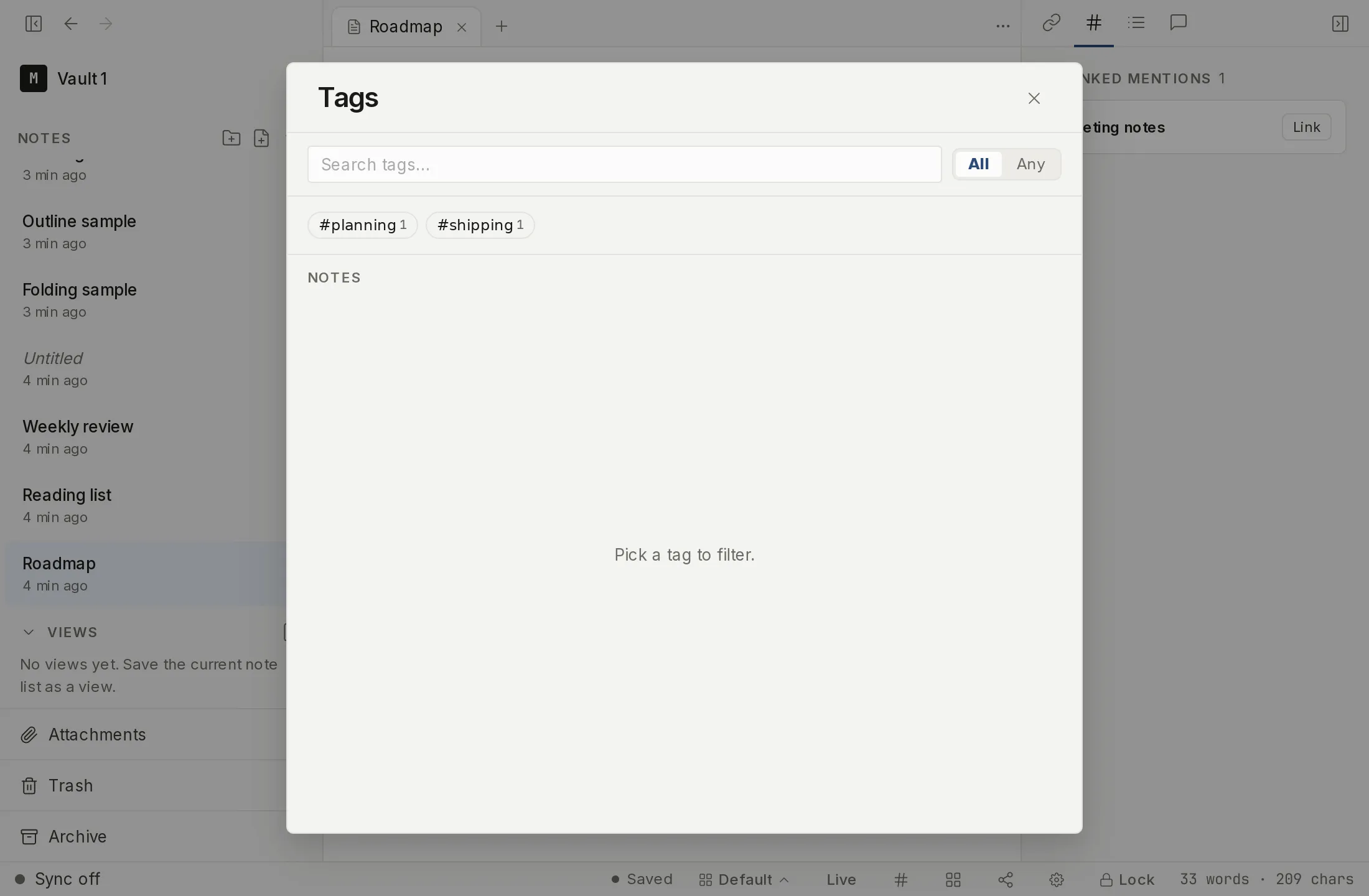 The tag browser open, listing the tags used across the vault.