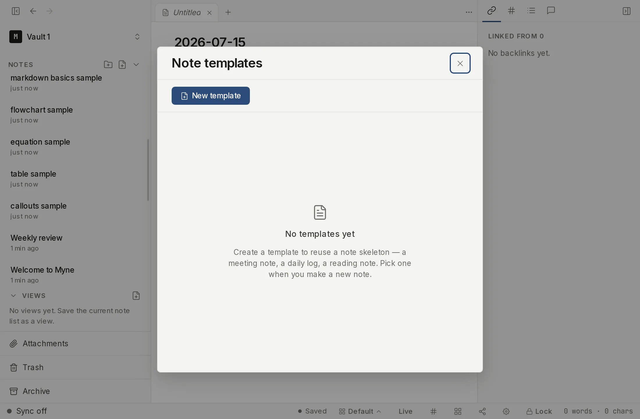 The Manage templates modal, where note templates are created, renamed, and removed.