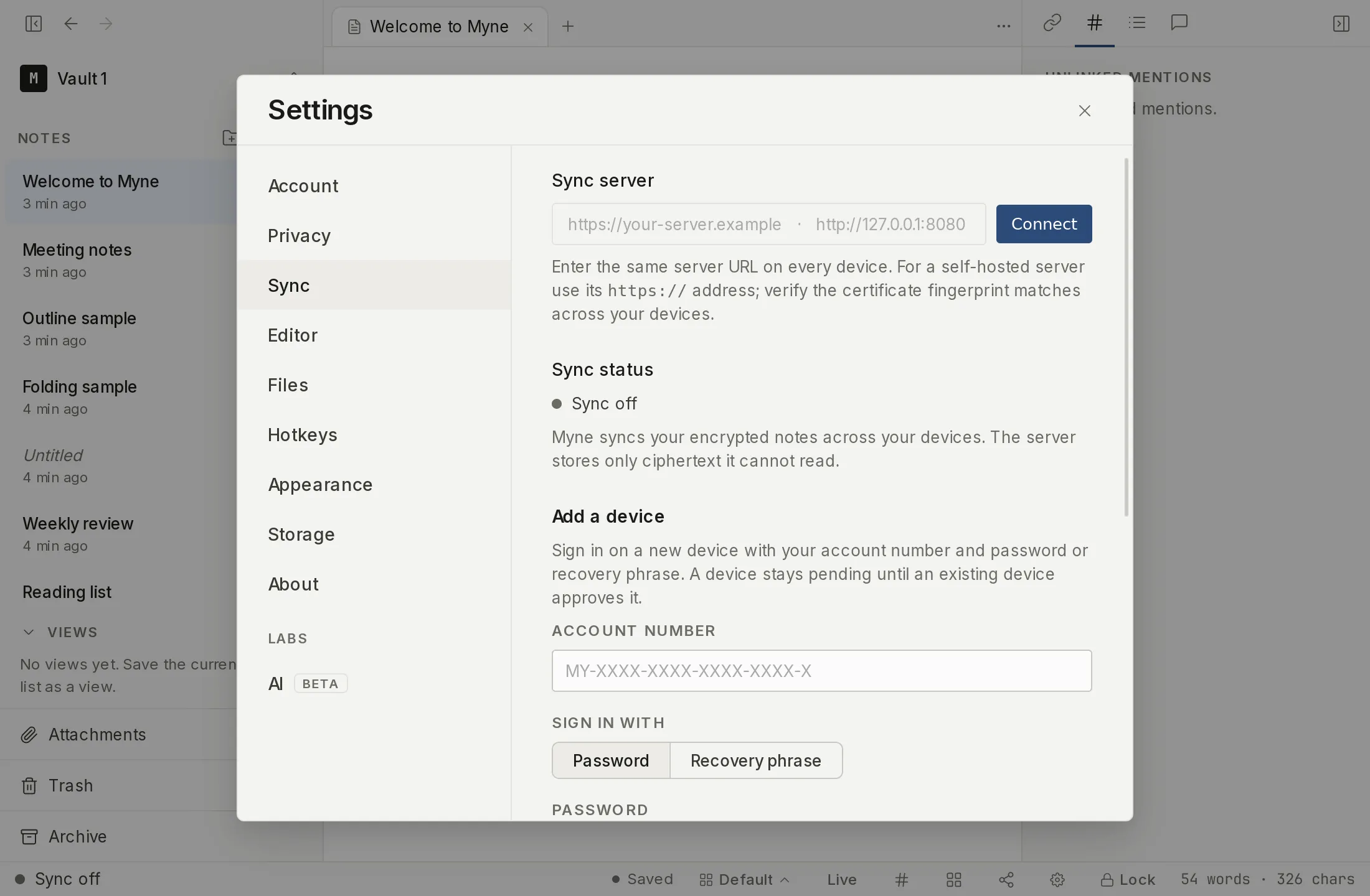 The Sync settings panel, where a sync server is configured and this device's sync is turned on.