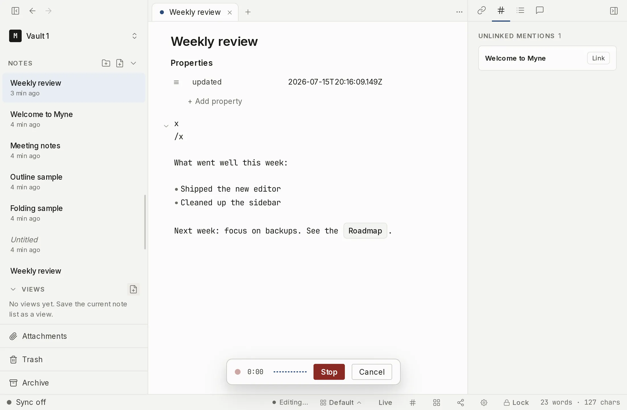 The voice-note recording bar shown while a voice note is being recorded into the editor.